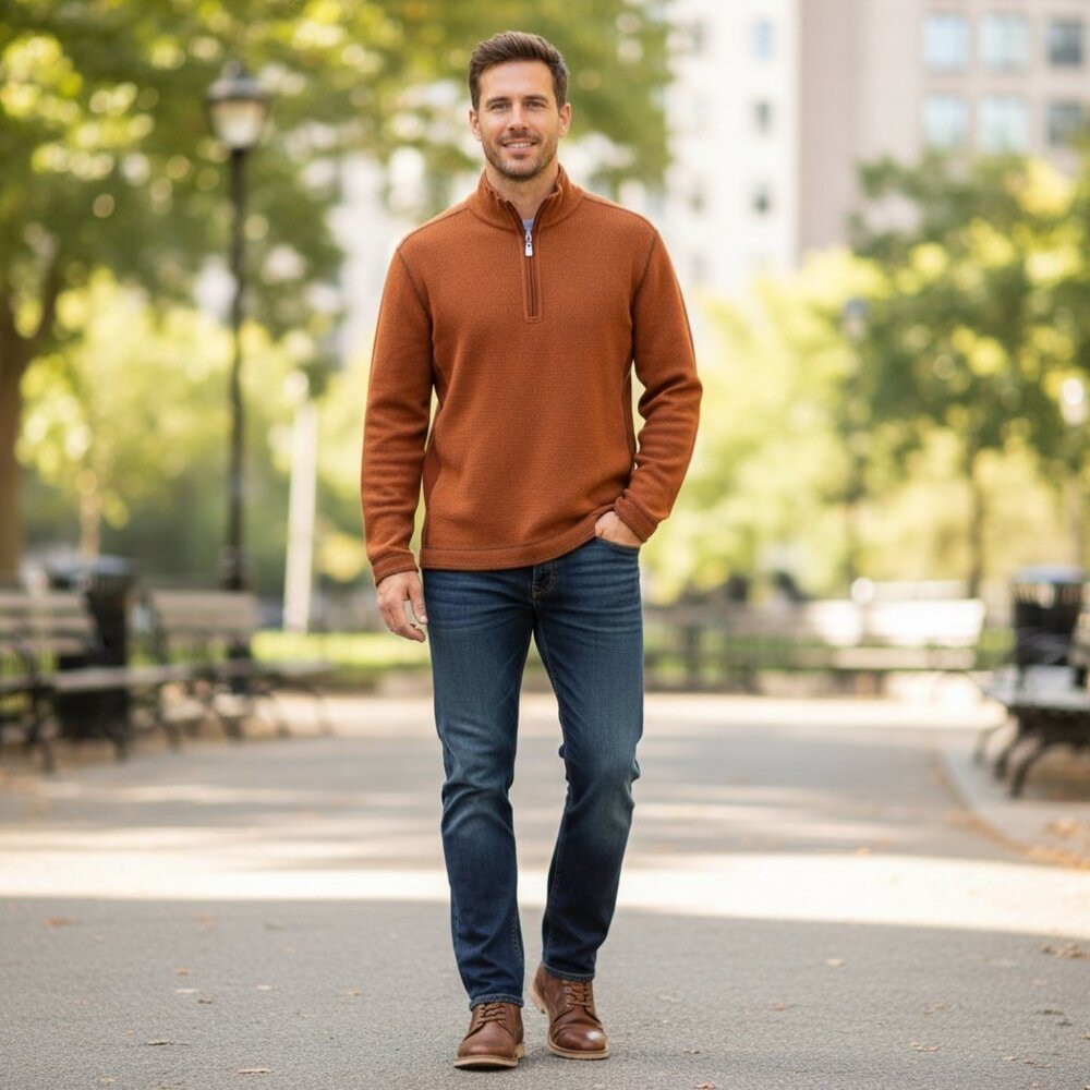 Tommy Bahama Mens SzM Reversible 1/2 Zip Orange Sweater Fall Photos Family Photo